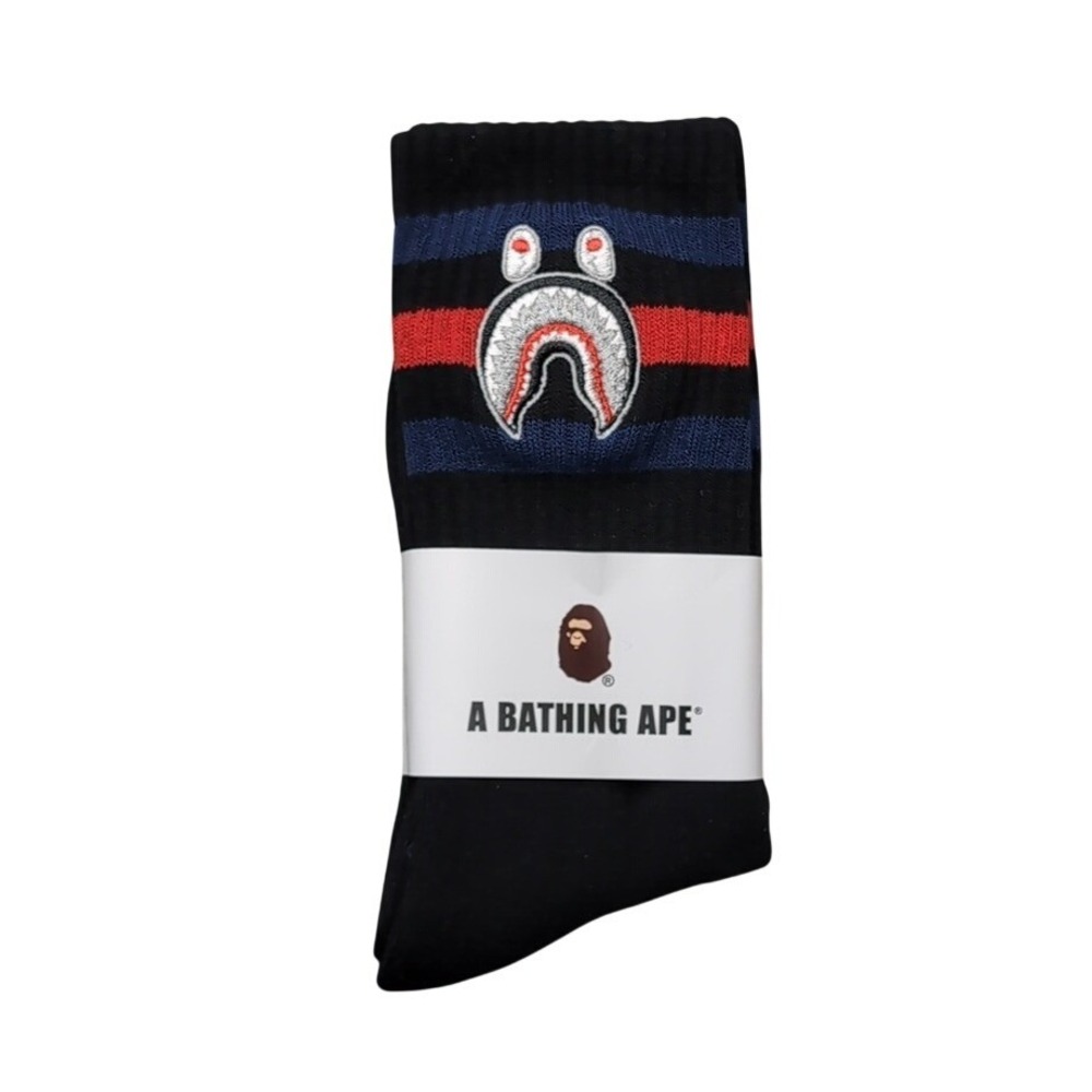 Bape Crew Socks Embroidered Shark Head Striped Mens Womens Unisex Sz 9-11 Black